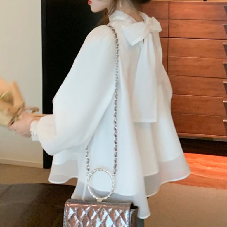 2color レディース バックシャンリボンブラウスプルオーバー シフォンシャツ 68