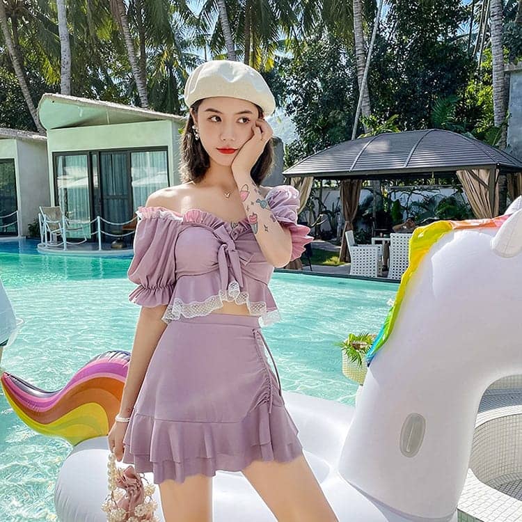 可愛い レディース 水着 韓国 ブルー パープル 半袖 セパレート 体型カバー オトナ女子 エレガント 温泉 小胸 盛れる お洒落 タンキニ 水陸両用 水着 海水浴 お洒落