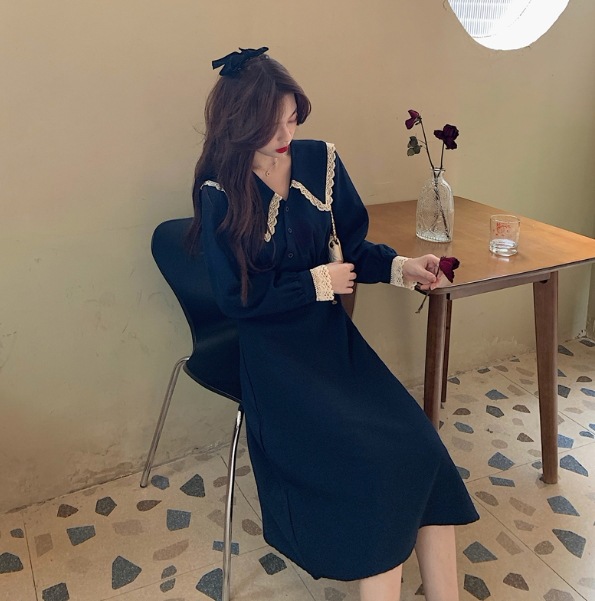 ワンピース ロング丈 長袖 ビッグカラー デザイン ボタン トリム 美ライン ニュアンス ドラマチック レトロ かわいい 大人可愛い きれいめ シンプル カジュアル 大人 上品 おしゃれ お洒落