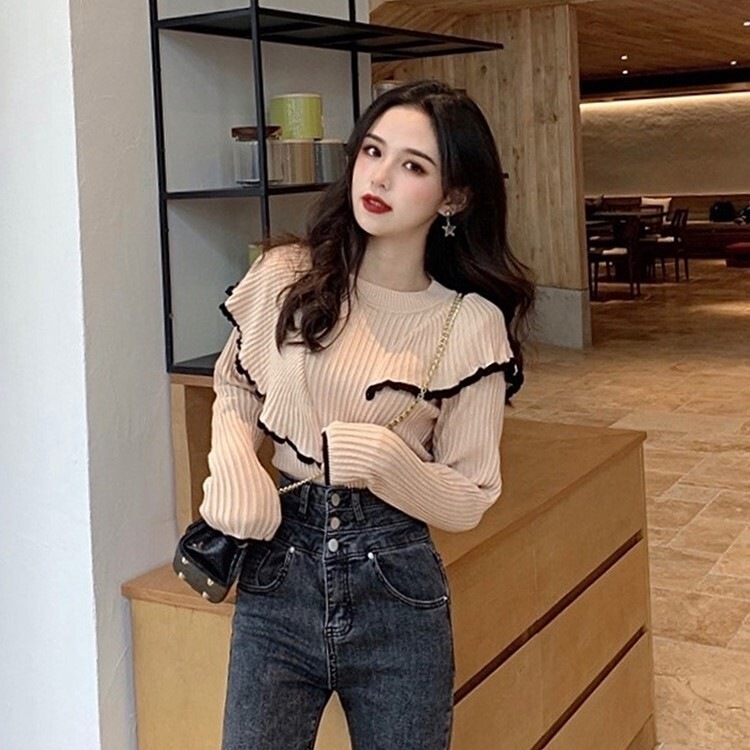 トップス ニットソー セーター プルオーバー 袖あり 長袖 ラウンドネック フリル かわいい 大人可愛い きれいめ シンプル カジュアル 大人 上品 おしゃれ かっこいい 大人女子 こなれ感 ラフ