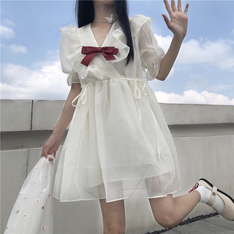 新しい秋の女性ホワイトボウタイバブルスリーブドレスパンクスウィートプレッピースタ