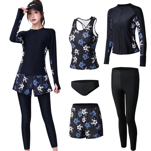 [ヒルトップクラウド]水着 レディース フィットネス水着 体型カバー ラッシュガード 5点セット タンクトップ レギンス 指穴空き UVカット 冷感 水陸両用 オシャレ かわいい 水泳 女性用