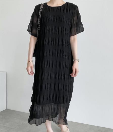 韓国のシックな夏の光デザイン感覚波プレス半袖長いスカートシフォンドレス新製品