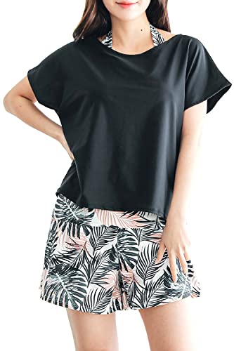 [COTARON] 水着 レディース 体型カバー タンキニ カバーアップ オーバーTシャツ ショートパンツ ４点セット (3L, 5ブラック×ピンクリーフ)