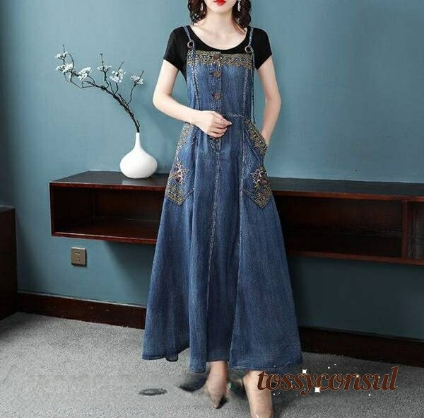 最終値下げデニム ワンピース ロング マキシ ノースリーブ レディース マキシワンピース ロングワンピース キャミワンピ 大きいサイズ 春 夏 刺繍 サロペット スカート おしゃれ カジュアル 新生活