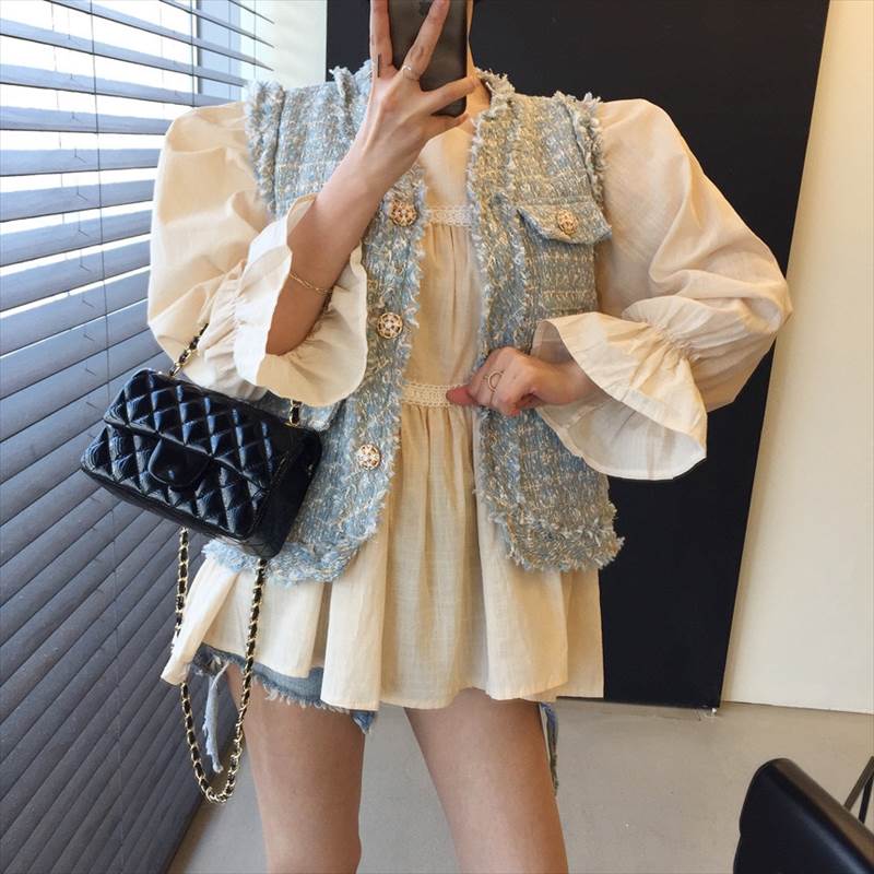 ベスト レディース トップス ジレ フリーサイズ ブルー ライトブルー ピンク 大人カラー パステルカラー くすみカラー フリンジ ゴールドボタン 秋 冬 Vネック 胸ポケット レイヤード 重ね着 シ