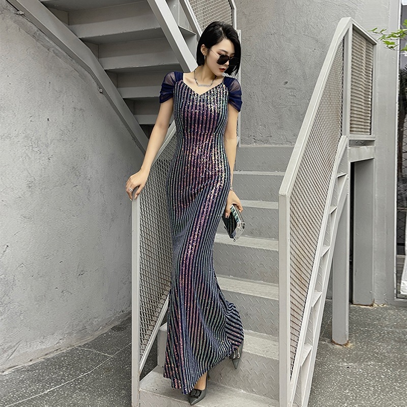 バッグヒップスリムフィットフィッシュテイルファッション気質メッシュステッチドレス痩身スパンコールVネックハイウエストロングスカート 母の日