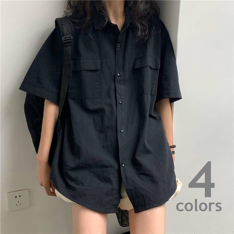 【新商品を厳選】半袖シャツ オーバーサイズ レディース トップス フラップポケット ドロップショルダー 無地 ビッグシルエット ゆったり シンプル スタンダード ベー