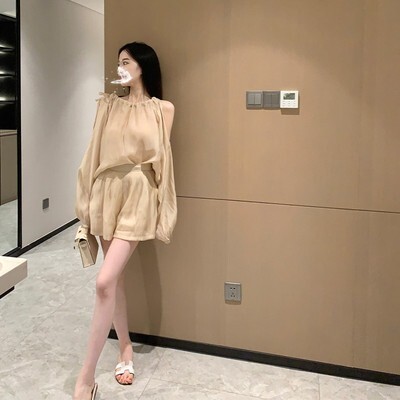 セットアップ ショートパンツ ショート丈 ラグランスリーブ ホルターネック ストラップレス 軽い ウエストリボン ウエストゴム 通気性 柔らかい 綿 薄手 コットン その他素材 ツーピース 可愛い