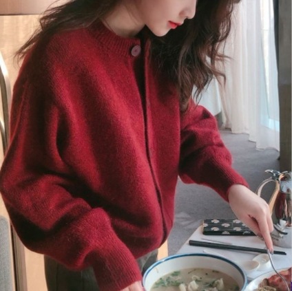 ルーズショートカーディガン アウター ニットカーディガン ミディアム丈 袖あり 長袖 ラウンドネック