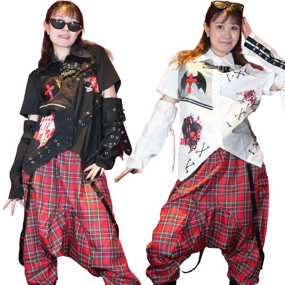 BAT シャツ 長袖 ファッション 原宿系 レディース Y2K ロック パンク エモパンク 骸骨 ベルト ストリート pe-2726