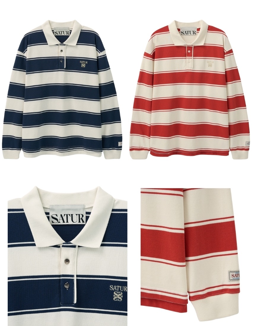 韓国限定 韓国人気 トレンド ファッション 長袖 Rugby Stripe Pique Long Sleeve (2カラー) - Navy/Red