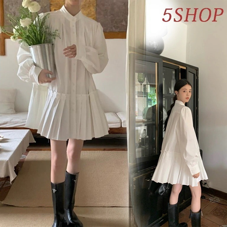 デザイン性あふれる不規則ヴィンテージ長袖シャツワンピース 韓国風 A ラインパネルプリーツスカート 女性ファッション