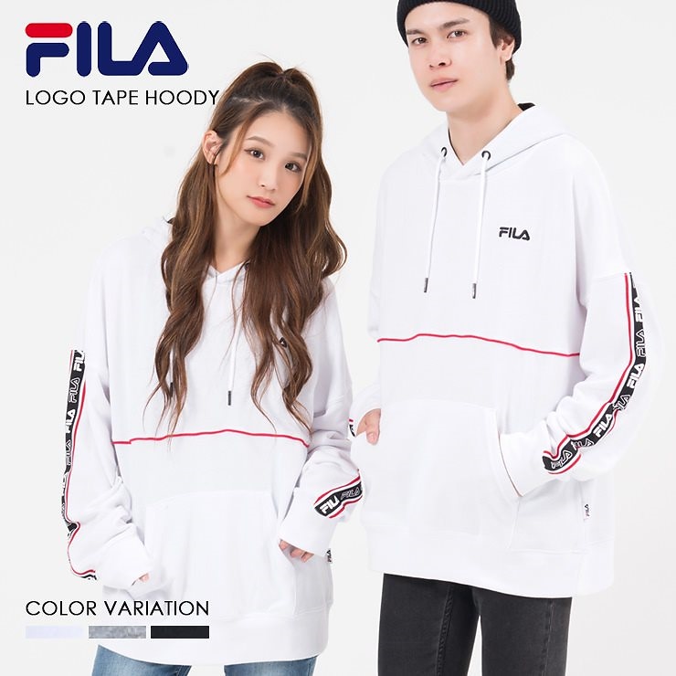 FILA ロゴテーププルパーカー ブランド スウェット メンズ レディース 裏毛 裏起毛 ペアルック ワンポイント ロゴ 黒 白 ブラック ホワイト ネイビー グレー 注目