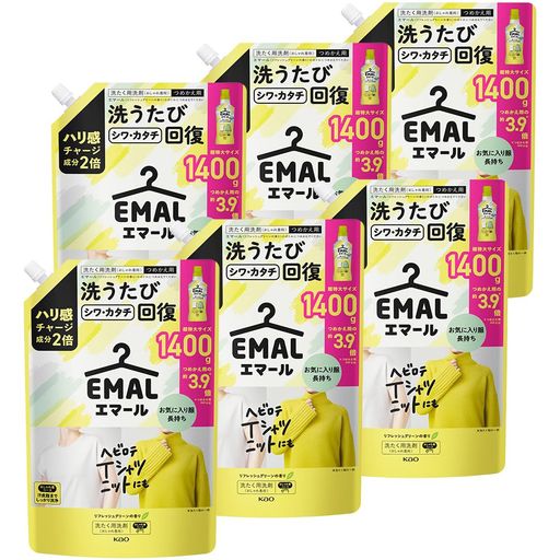 エマール 【ケース販売】 洗濯洗剤 おしゃれ着 ハリ感チャージ成分2倍配合! 洗うたびシワカタチ回復 リフレッシュグリーンの香り つめかえ用 1400g×6個 大容量