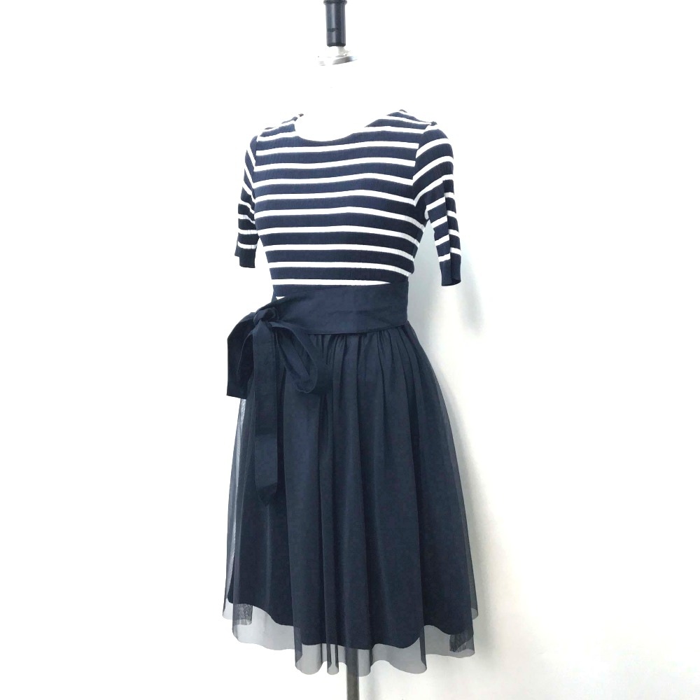 BLUE LABEL CRESTBRIDGE ブルーレーベルクレストブリッジ ワンピース 55J75-758-29 ボーダー ニット切替 ベルト付き シースルーレイヤード コットン ネイビーホワイト