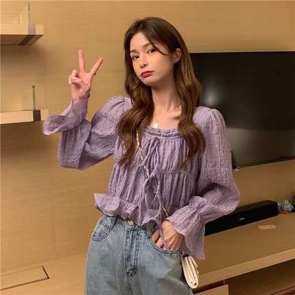 スクエアネックブラウス トップス ブラウス ショート ショート丈 袖あり 長袖 スクエアネック フリル リボン かわいい 大人可愛い きれいめ シンプル カジュアル 大人 上品 おしゃれ お洒落