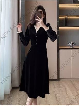 2024秋冬韓国版Vネック長袖ワンピースブラックドレス-59