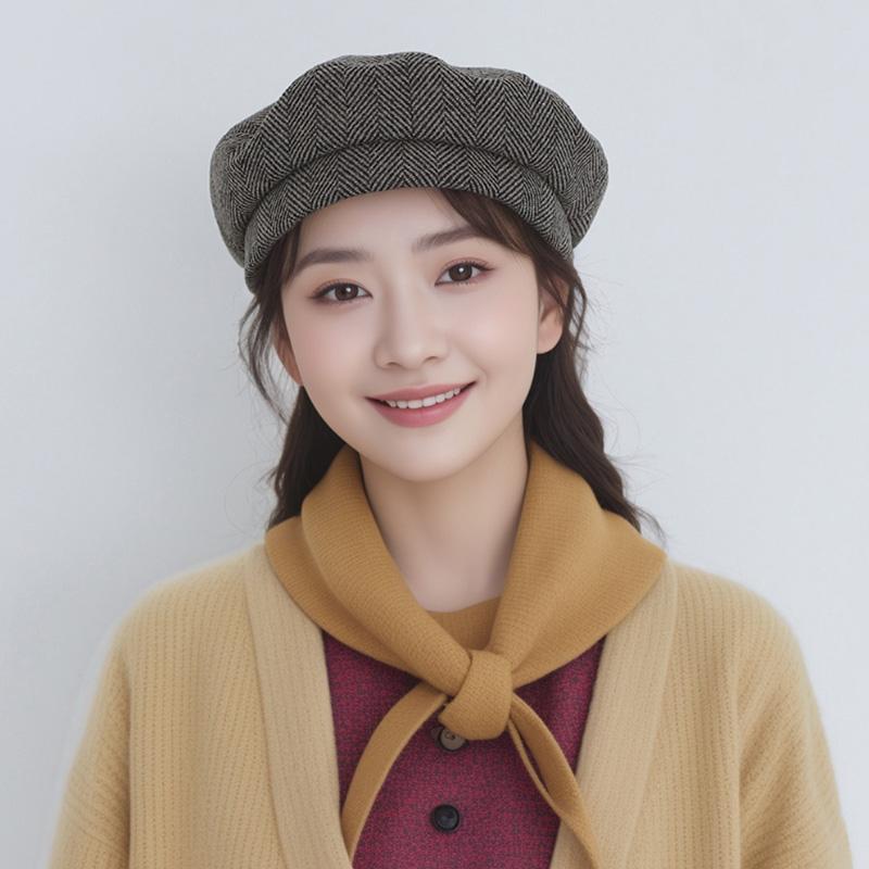 秋冬 コーデ レディース ファッション オシャレ アイテム カワイイ シンプル 大人カワイイ ヘリンボーン 柄 ウール フラット トップ ベレー帽 レトロ 画家帽子 韓国スタイル