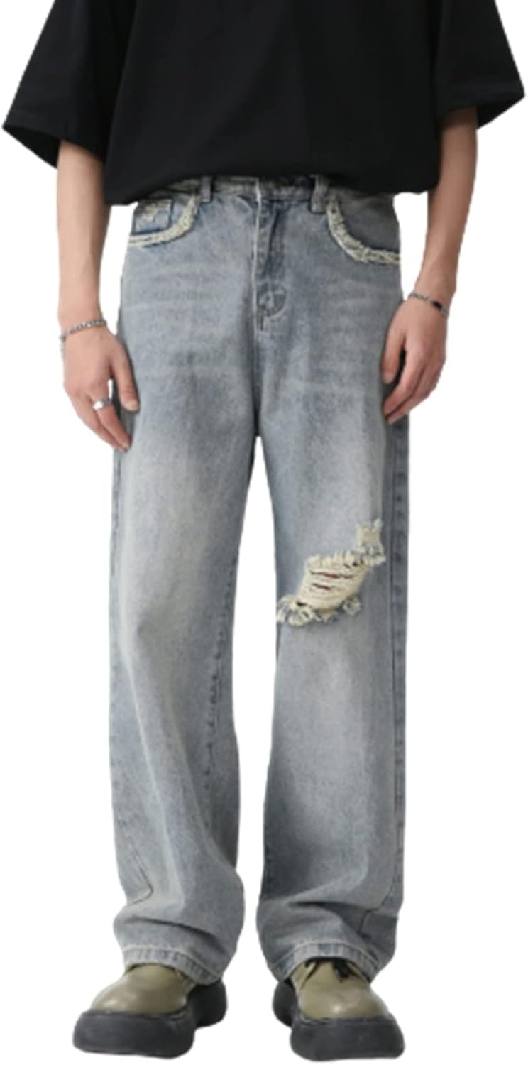 デニムパンツ メンズ ダメージジーンズ ヴィンテージ ハイストリート ストレート Ｇパン シェービング加工 ウォッシュ シンプル おしゃれ ルーズ ワイド カジュアル ロングパンツ ジュニア 脚長 柔