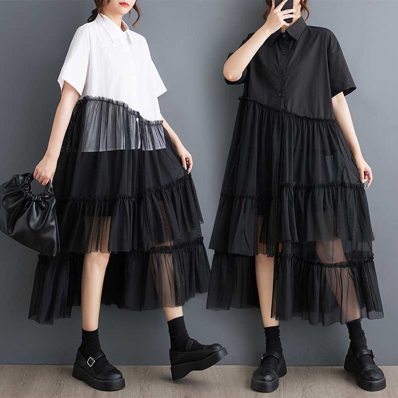 「」 2024夏新品 チュールドッキング シャツワンピース 大きいサイズ 体型カバー 半袖 メガ割