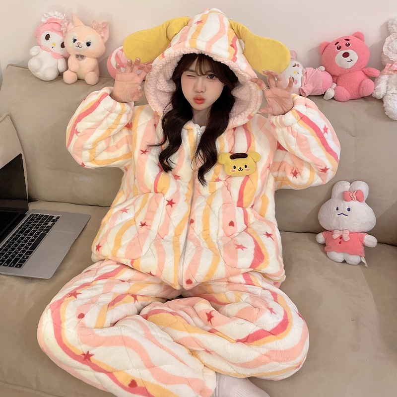 虹のパジャマ女性冬の3層の綿と厚いサンゴの絨毯のかわいいプリン犬の部屋着