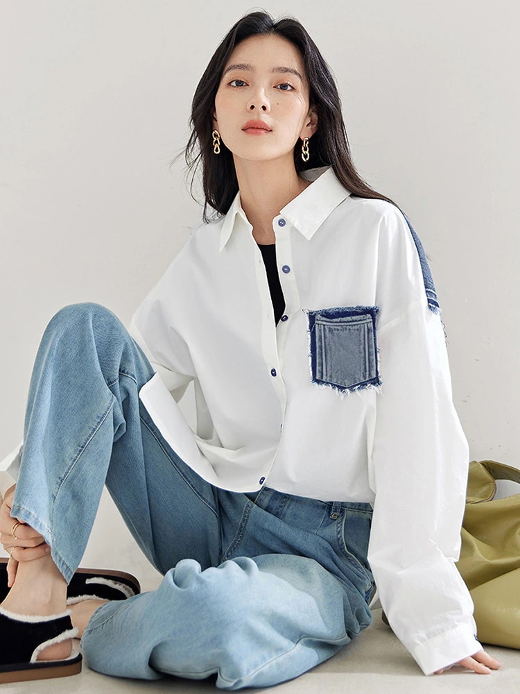 長袖ブラウス シャツ 新ゆるいカジュアルシンプルな大衆綿 シャツ上着をつなぎ合わせる 7,694円