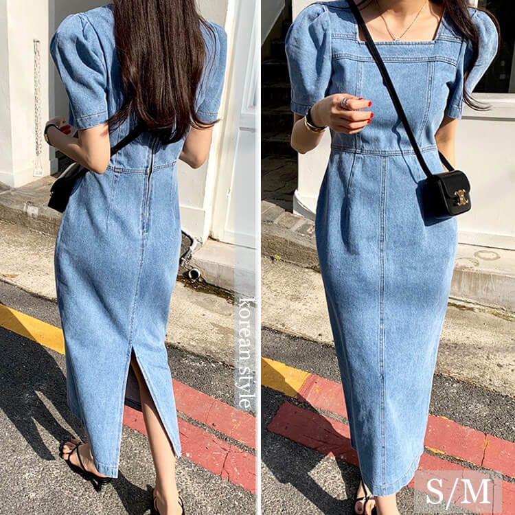 デニム ワンピース ロング丈 レディース パフスリーブ 半袖 スクエアネック ハイウエスト ロングワンピース ミモレ丈 バックスリット Aライン