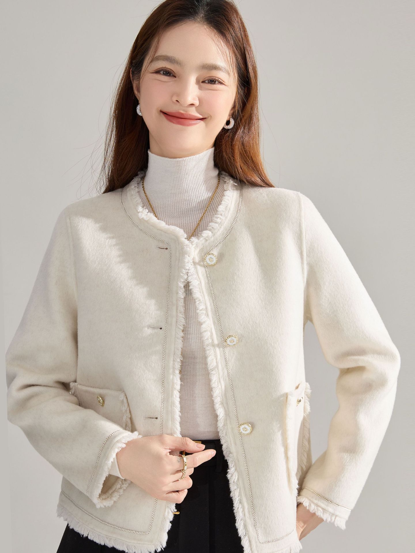 24韓国版冬通勤気質カシミヤウールリバーシブルショートコート小香風ラ毛フリンジウールコート15922ファージャケットジャケットツイードジャケットツイードツイードセットアップファーコートテーラードジャケ