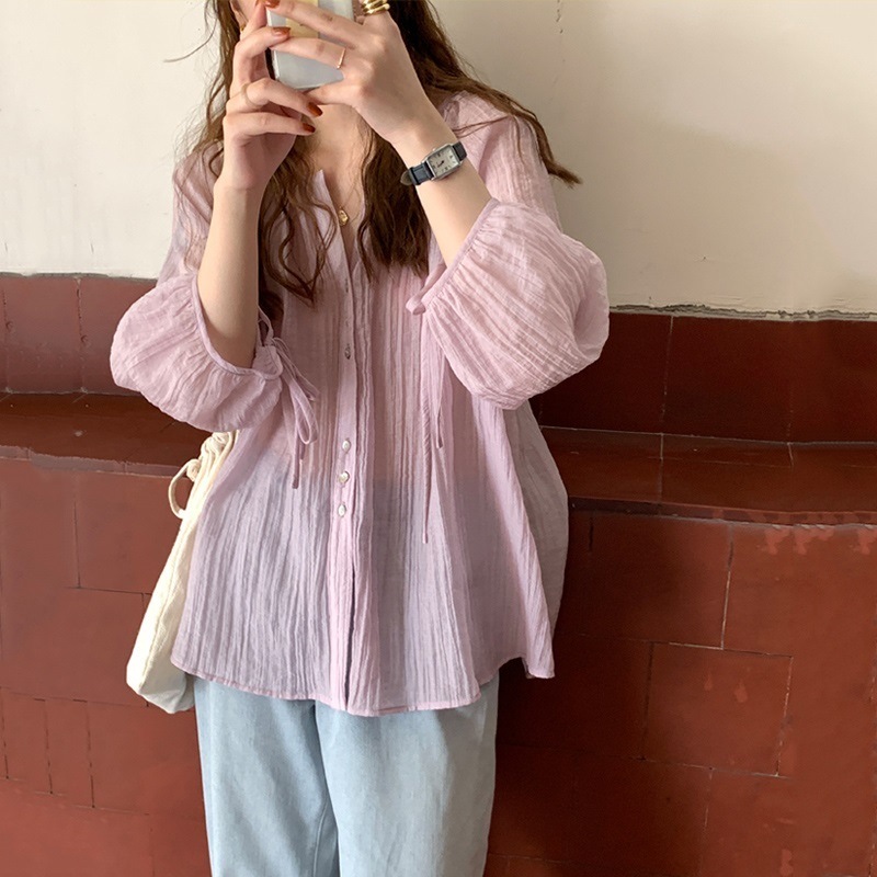 楊柳シフォンブラウス レディース トップス ブラウス チュニック丈 袖あり 7分袖 ボリューム袖 ドロップショルダー スタンドカラー スキッパー Aライン シフォン 前開き 薄手 かわいい 大人可愛い