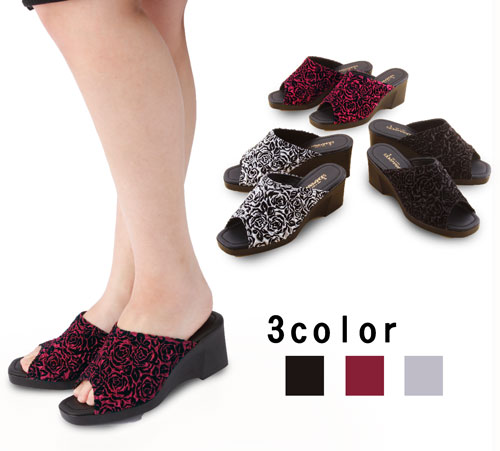 国産バラ柄サンダル（エンジ　ＬＬサイズ）[ サンダル レディース おしゃれ かわいい ヒール ウェッジソール 送料無料 薔薇 バラ 履きやすい 女性 ]