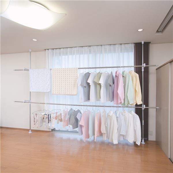 つっぱり式室内物干しスタンド/洗濯物干し スタンド単品 [2段式] 向き/高さ調整可 フック付き