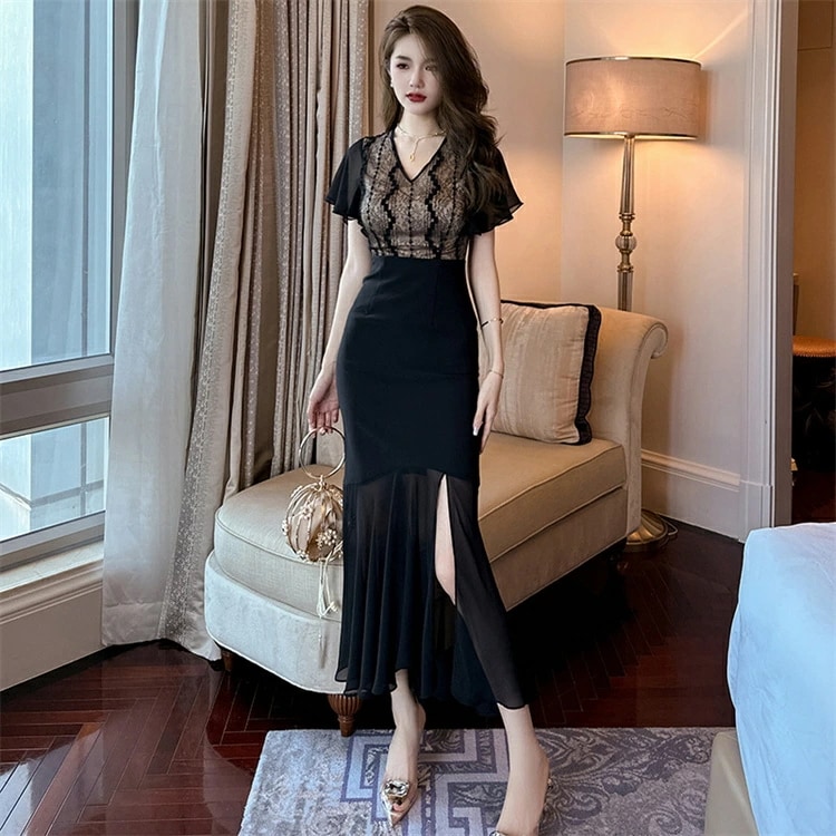 【全店任意2枚購入で100円OFF】 レディース キレイめ ワンピース 春 タイトワンピース ブラック 黒 ドレスワンピース 春 夏 半袖 ロング丈 切り替え シンプル タイト 着痩せ お呼ば