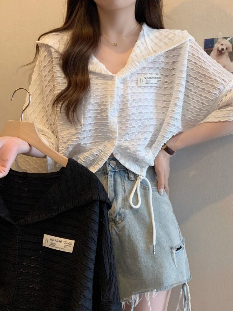 大きいサイズの女性用夏物ショート丈日焼け止めシフォンシャツぽっちゃりさん向けユニークで上品着痩せ効果のあるお腹カバートップス