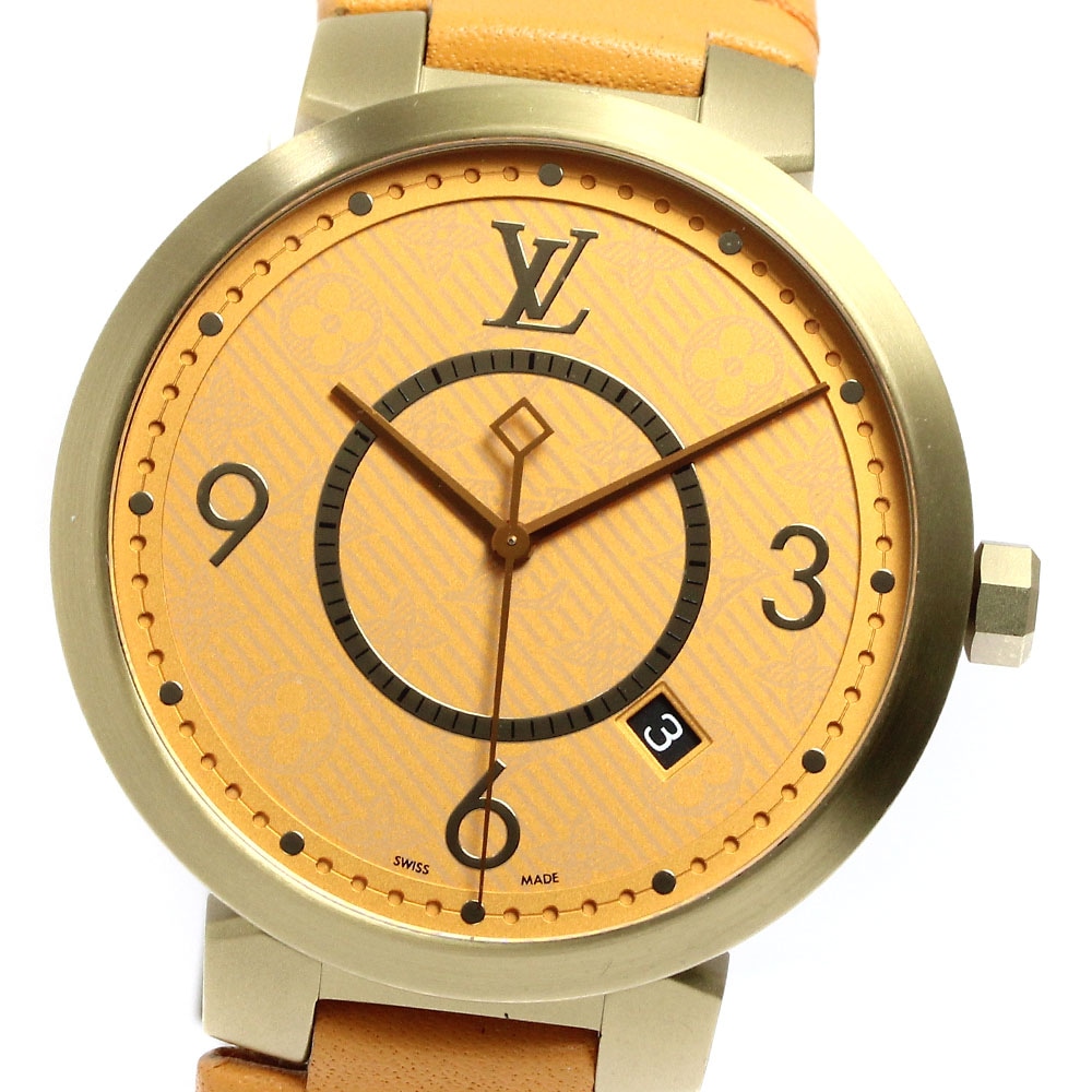 ルイヴィトン LOUIS VUITTON QA103 タンブールスリム モノグラム デイト クォーツ メンズ 美品 _770167【中古】