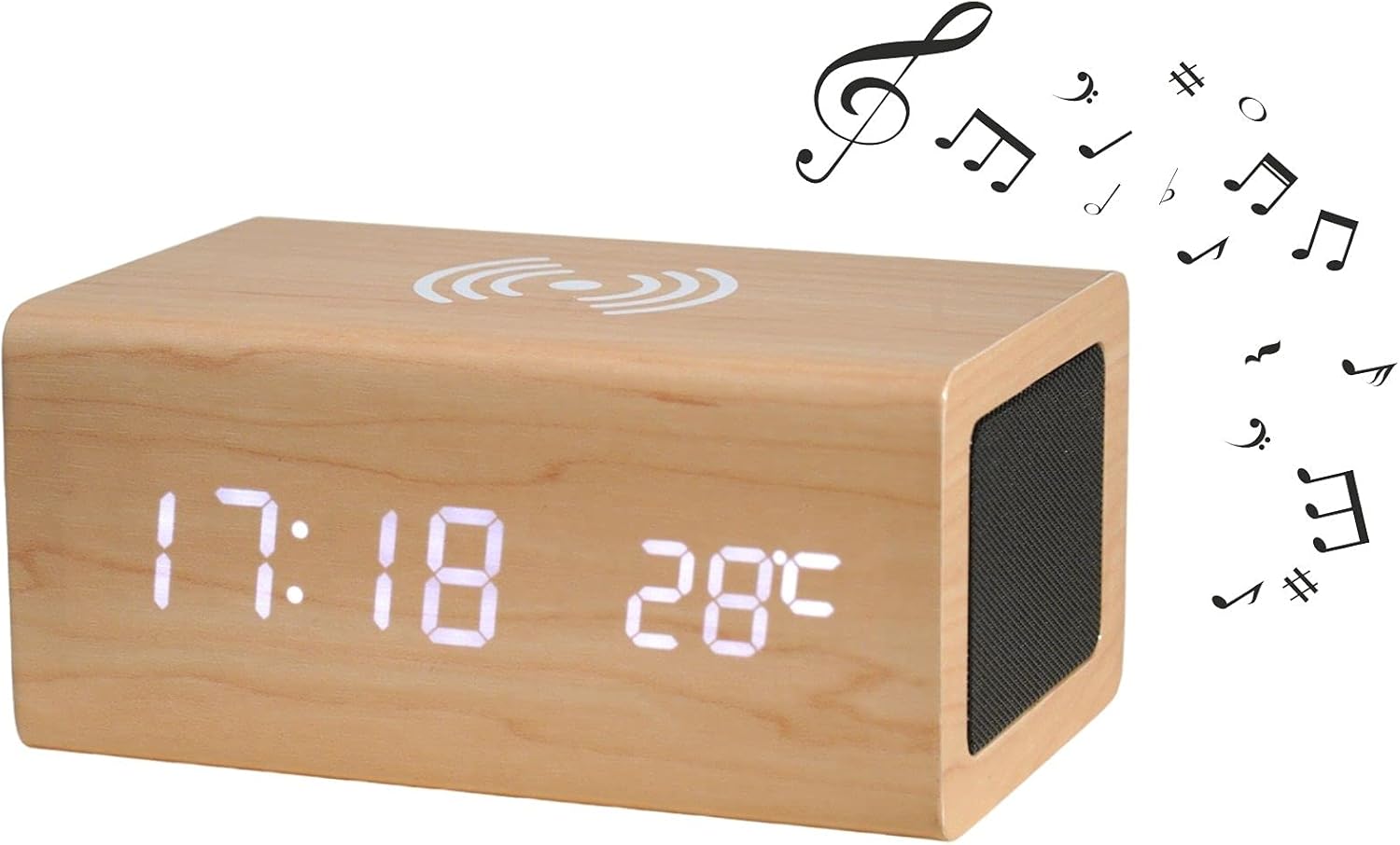 WOOD SHOW めざまし時計 置き時計 bluetooth5.0スピーカー スマホ充電 付き おしゃれ デジタル 卓上時計 qi ワイヤレス充電時計 インテリア時計 シンプル 木目調 多機能時計