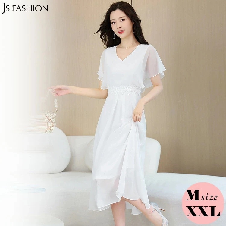 工ガ割-Aラインワンピース 白 無地 刺繍 シンプル シースルー Aライン ワンピース Vネック ロングワンピース 半袖 ロング丈 ワンピース ワンピース ガーリー きれいめ 上品 旅行 海 体型カバ