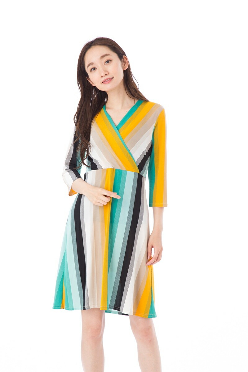 ファス(FAS)ワンピース T1 T2 T3サイズ 大人ワンピース レディース 5分袖 膝丈 ストライプ柄 Vネック ワンピース ジャージー 上品 大きいサイズ　Fille A Suivre