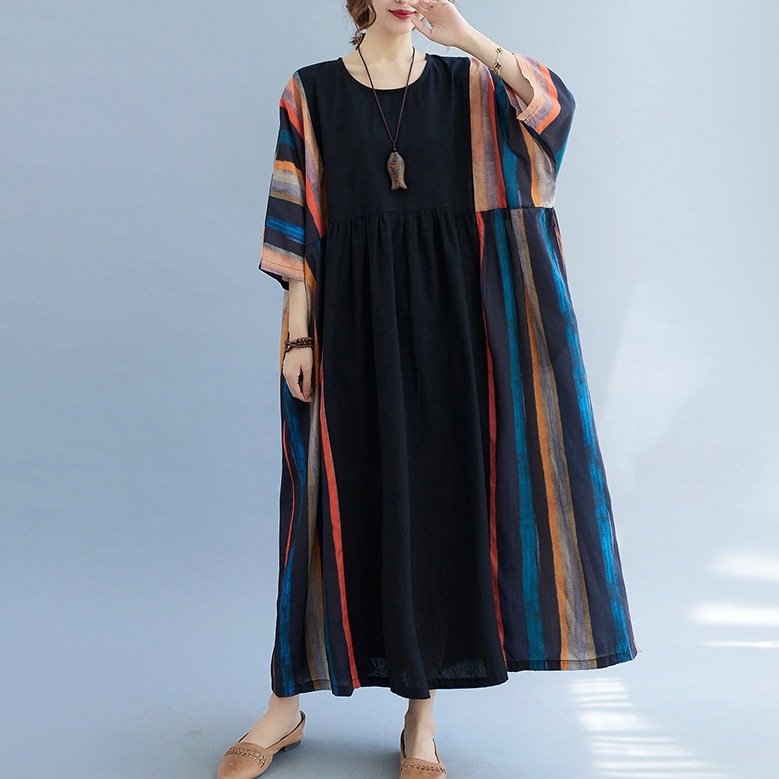 ワンピース Aライン ロング丈 七分袖 ラウンドネック フレア ワイド ポケット 綿 柄 配色 大人可愛い シンプル カジュアル 大人 上品 おしゃれ レトロ エスニック エキゾチック