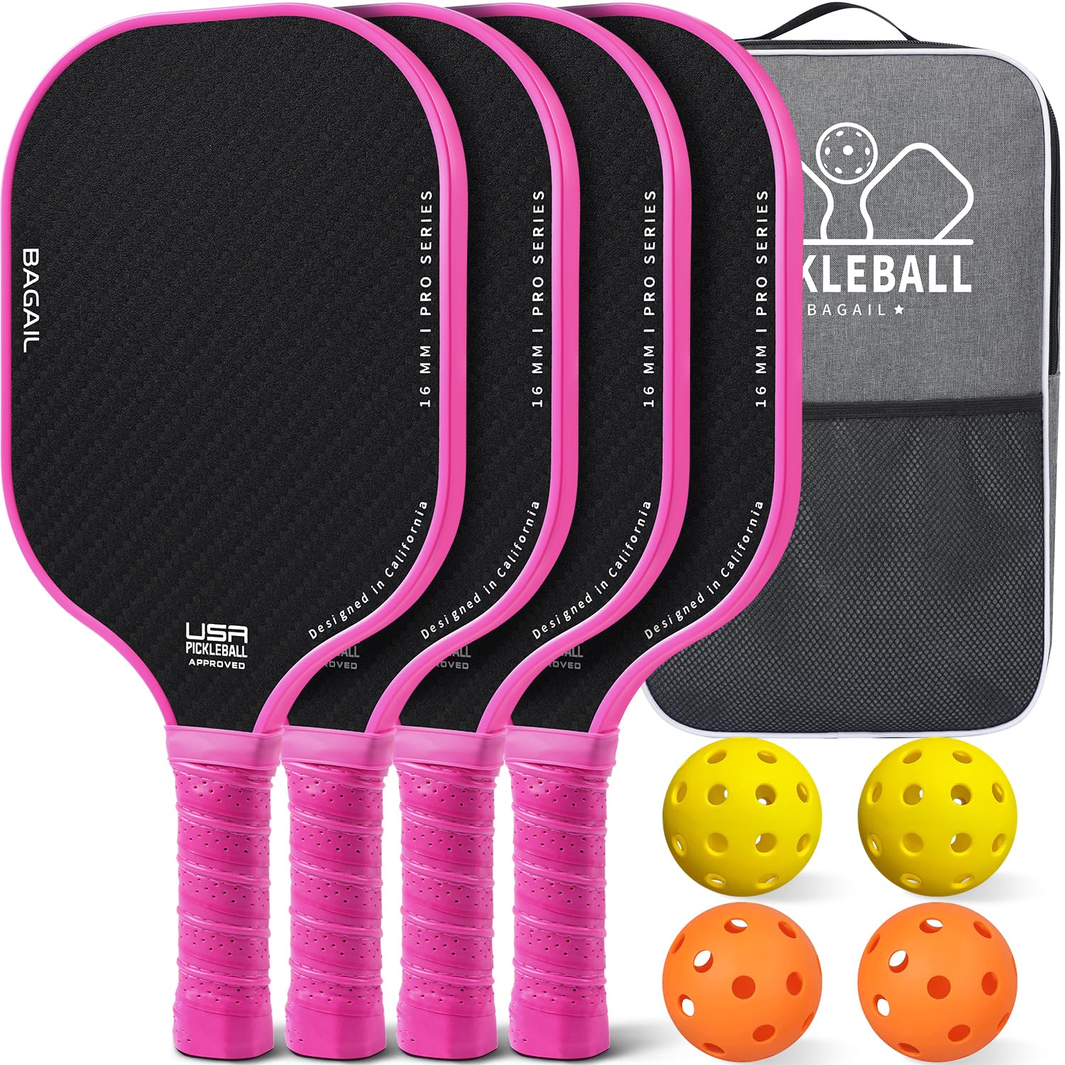 BAGAIL ピックルボールパドル ピックルボール ラケット USAPA承認 ハニカム 滑り止め吸汗グリップ ピックルボールキャリーバッグ付き 初心者やプロへのピックルボールギフト4 個 ピンク