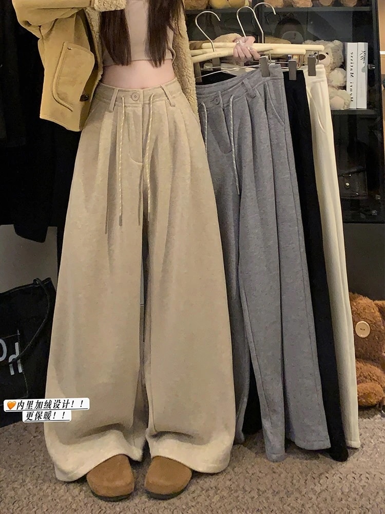 2024秋冬 防寒 あったか 厚手パンツロング丈ストレートハイウエストゆったり 脚長美脚細見え春カジュアル黒白韓国系ファッションレディースおしゃれ かわいい衣装トラック