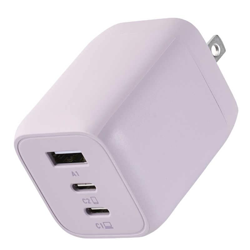 USB Type-C コンセント 充電器 PD 65W PPS USB-C ×2 USB-A ×1 折りたたみプラグ 小型 軽量 GaN採用 ＆me ラベンダー　MPA-ACCP4465PU