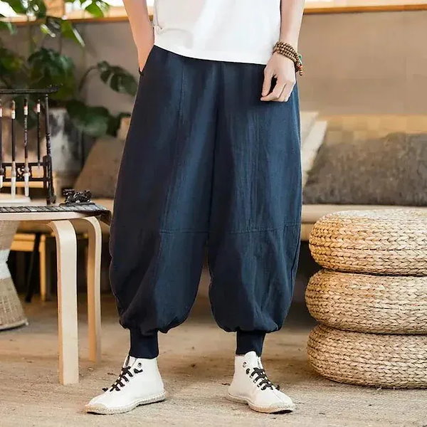 サルエルパンツ メンズ ワイドパンツ ゆったり 薄手 通気 綿麻 ハロンパンツ サルエルパンツ メンズ ワイドパンツ ゆったり 薄手 通気 綿麻