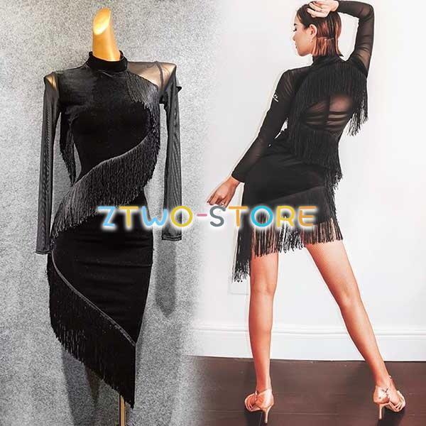 新しい子供用ダンスウェア 社交ダンス ラテンドレス 長袖 フリンジ付き ラテンダンス ダンス衣装 ワンピース 練習着 チャチャチャ ラテン ステージ衣装 演出着 ブラック 2枚購入で2274円OFF