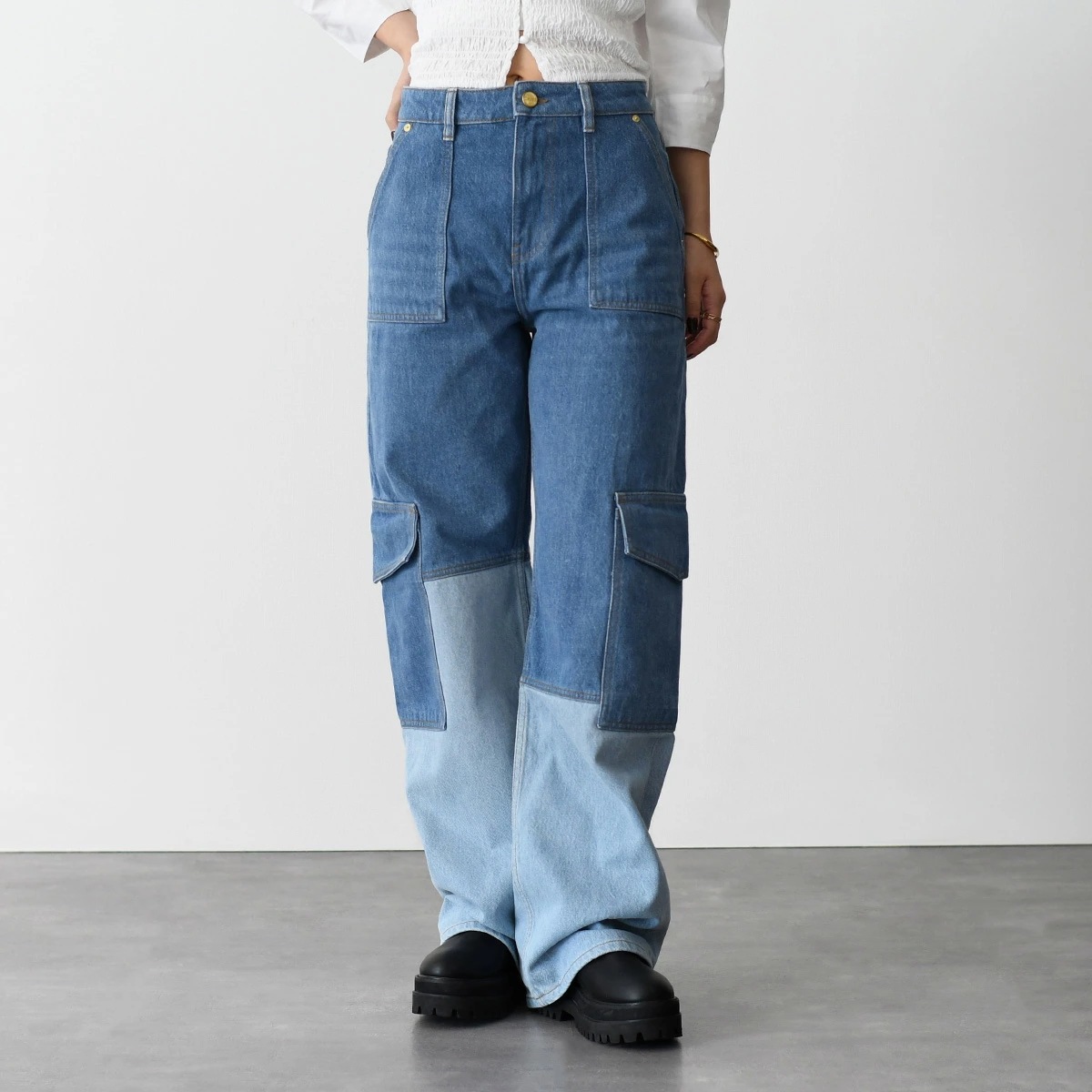 デニム パンツ ヴィンテージ ANGI ジーンズ Cutline Denim Angi J1398 レディース ブルー ジーパン コットン ワイドストレート カーゴパンツ 春夏