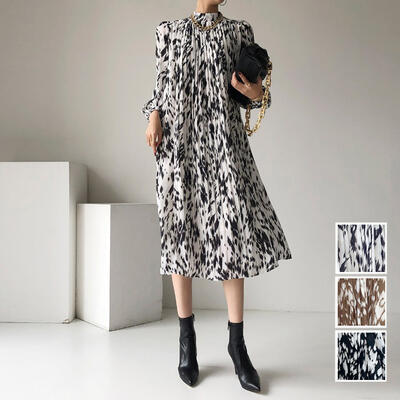 ワンピース レディース 袖あり 長袖 レオパード シフォン きれいめ カジュアル ミモレ丈 おしゃれ 可愛い ドレス プリーツ ブラック 黒 カーキ ホワイト 白 春 秋 冬