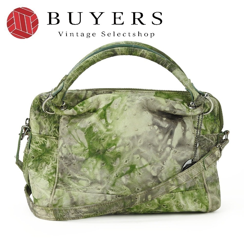 中古 ショルダーバッグ オーストリッチ グリーン グレー系 シルバー金具 2WAY ハンドバッグ JRAタグ レディース 女性 14,256円