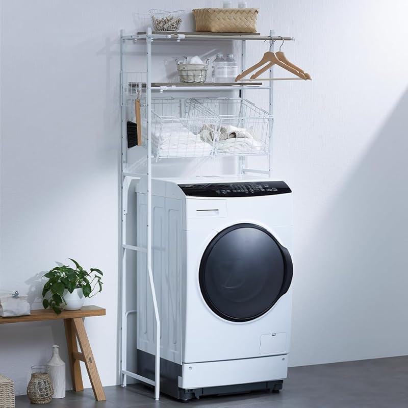 【即納】アイリスオーヤマ ランドリーラック 洗濯機ラック バスケット付き幅伸縮タイプ(70~89cm) ホワイト デッドスペースを賢くおしゃれに活用 収納棚 隙間収納 バスケットも取り外して8.4cm