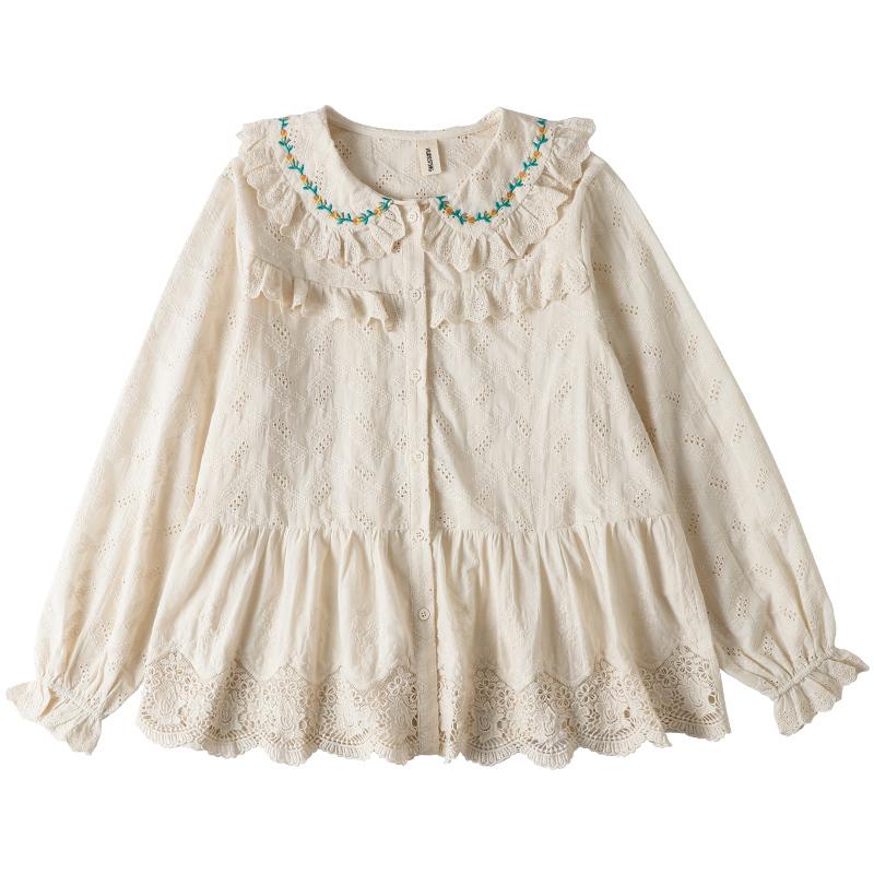 ブラウス ロリータ 森ガール 春 夏 秋 レディース 長袖 シャツ 刺繍 ドール 襟付き 綿 ホワイト ベージュ