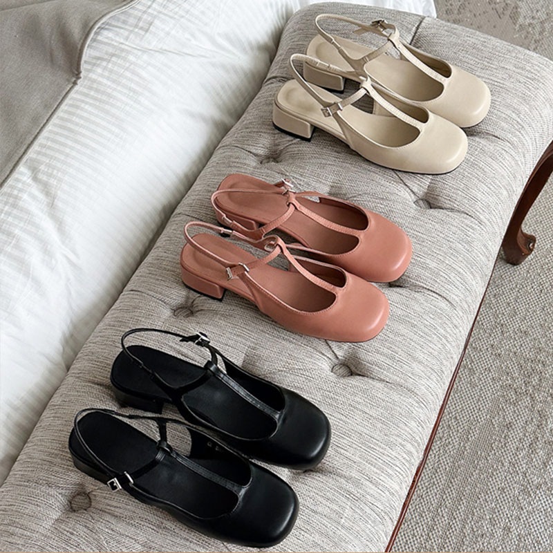 3color 女性らしい雰囲気の 丸いスクエアトゥ バックストラップ付き Tストラップ ローヒール スリングバックパンプス